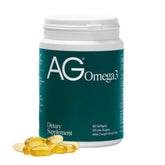AG1 Omega3 softgels bottle shows daily heart and brain support in a clean design.