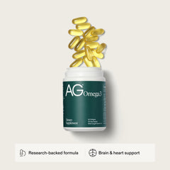 AG1 Omega3 softgels capsules pouring highlight easy daily omega-3 intake.
