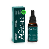 AG1 D3+K2 drops bottle close-up, a high-potency daily supplement.