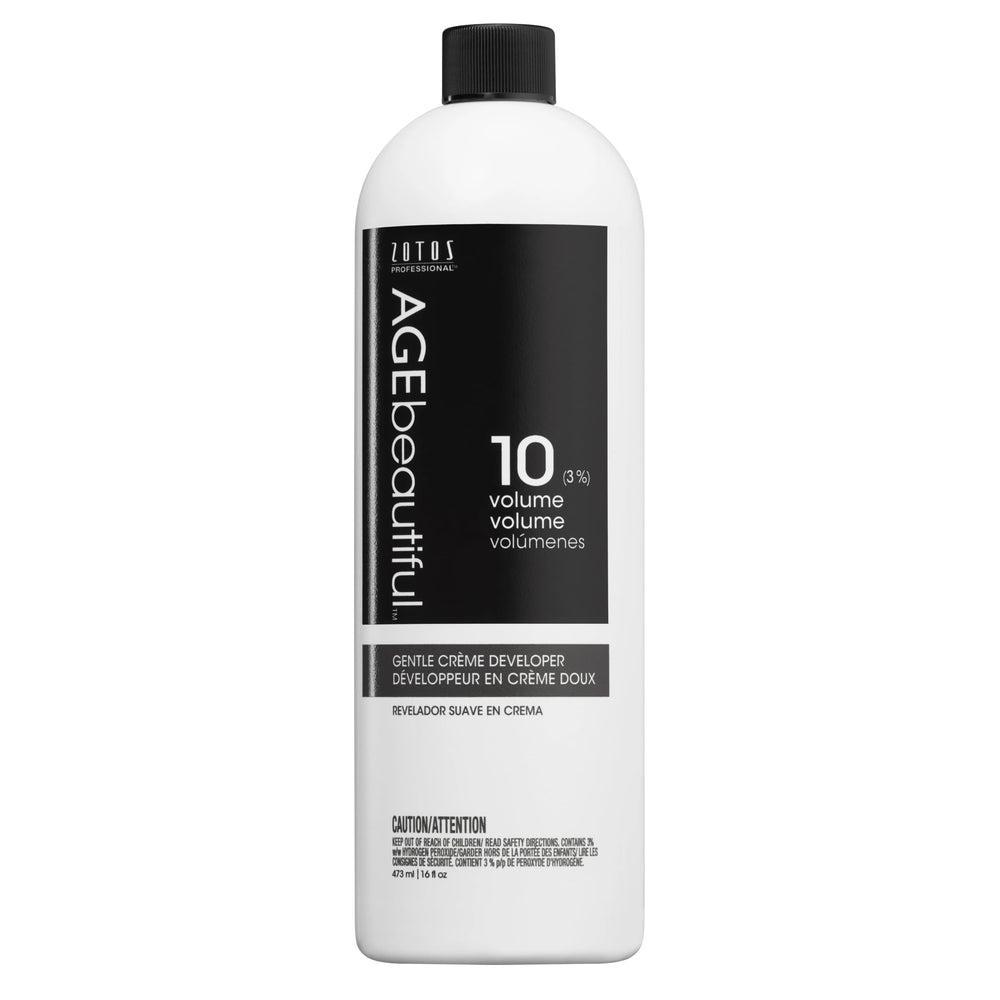 AGEbeautiful 10-volume developer bottle close-up for precise home color mixing.