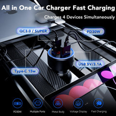 AGEK USB-C car charger side view highlighting the four-port design.