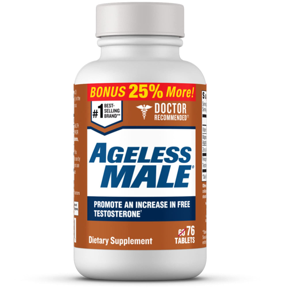 Ageless Male bottle and tablets, a convenient daily support visual.