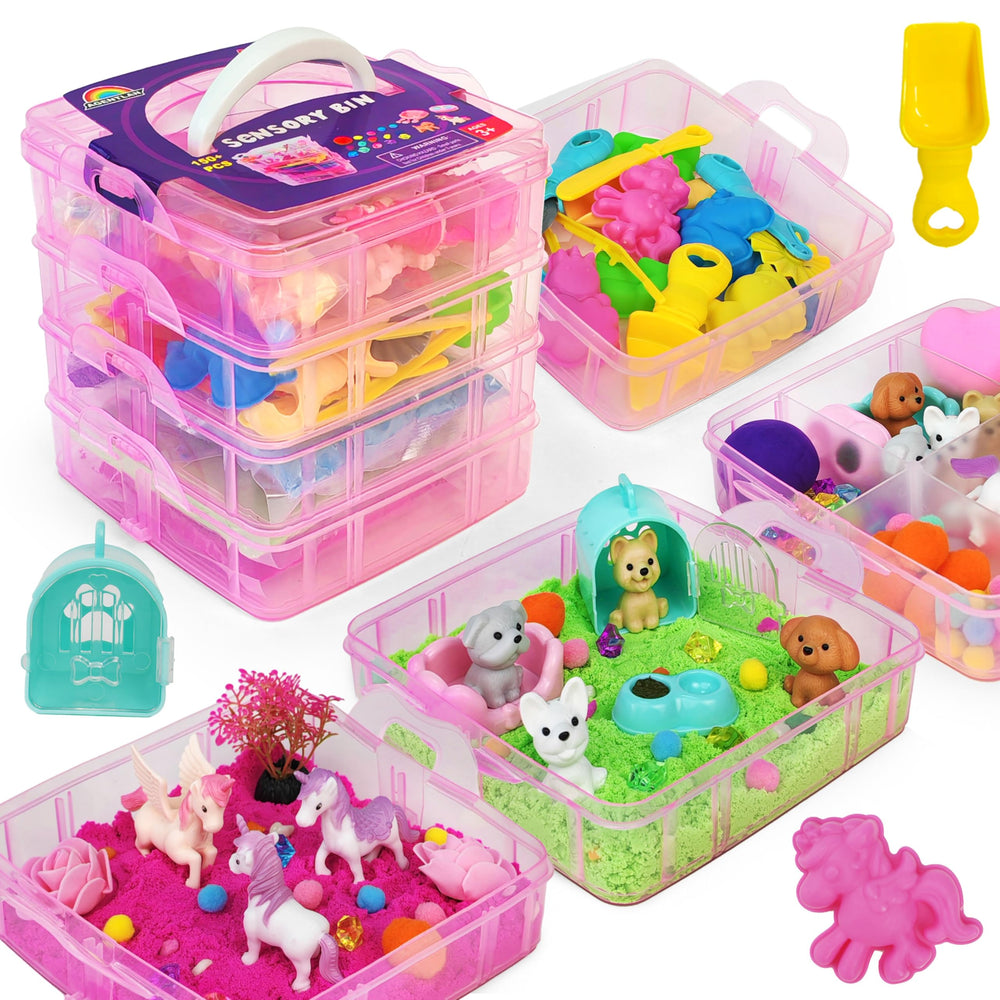 AGENTLAN stackable sensory bin featuring unicorn and pet figures for imaginative play
