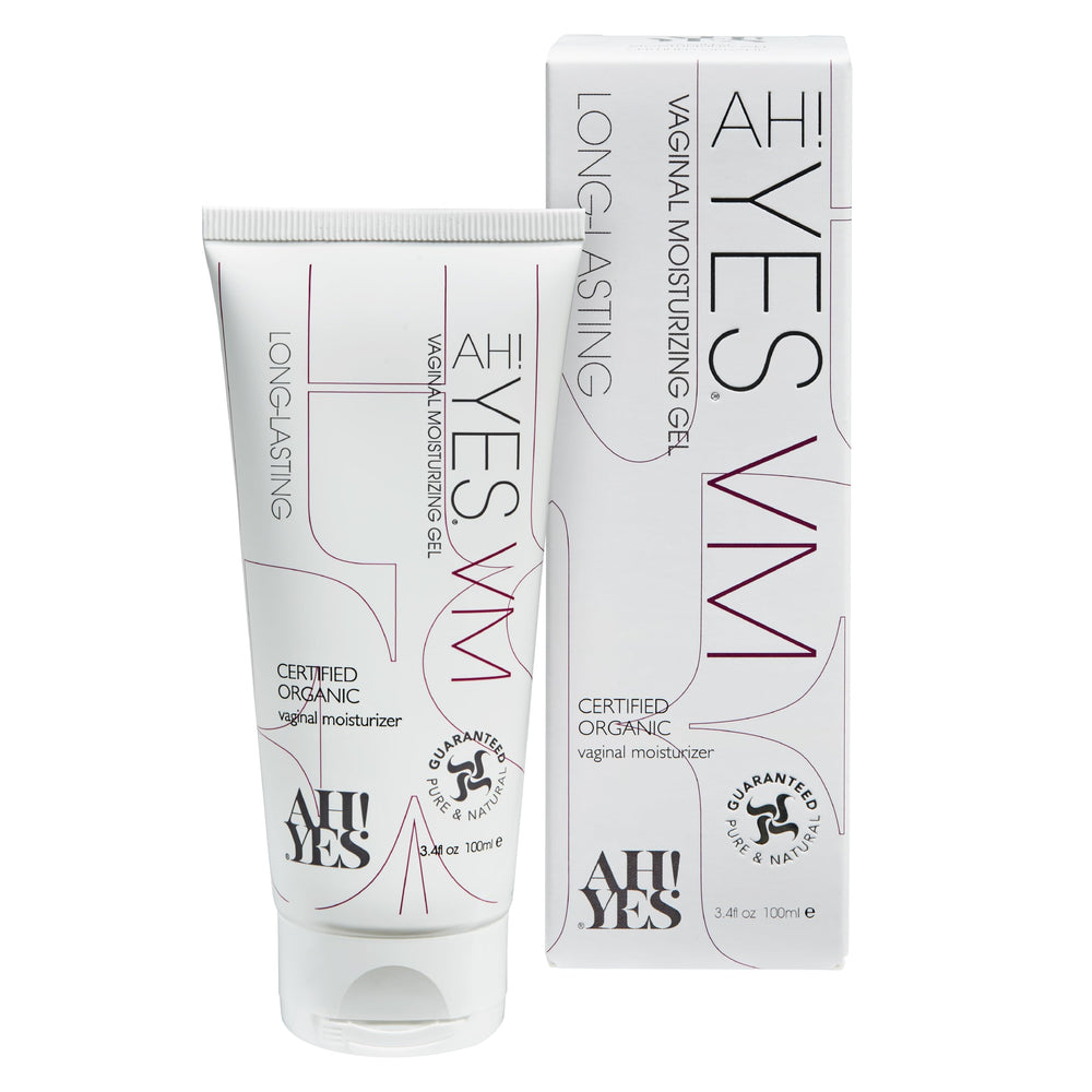 AH! YES VM bottle product shot highlighting organic moisture for sensitive skin.
