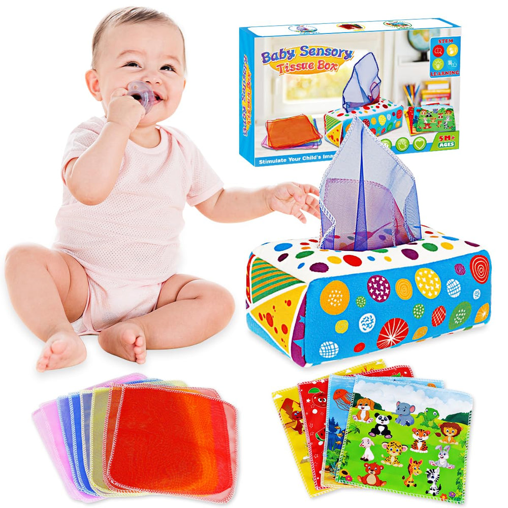 Aiduy tissue box toy main view showing Montessori-inspired play for 6-12 months.