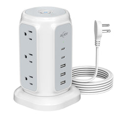 AiJoy front view of the flat-plug power strip tower shows multiple outlets.