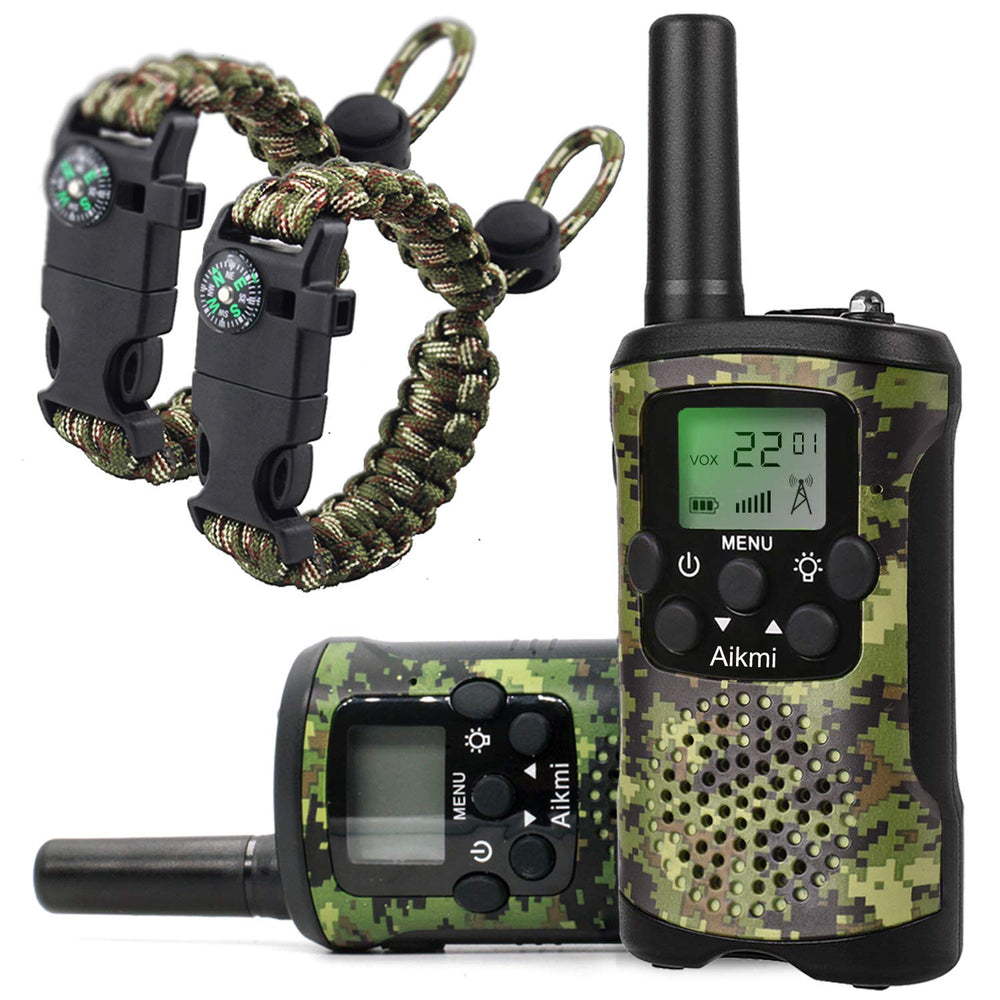 Aikmi kids' green camo walkie talkies shown for durable outdoor adventures and family communication.