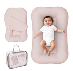 Aila + Aiden baby lounger pink cover removable for easy cleaning.