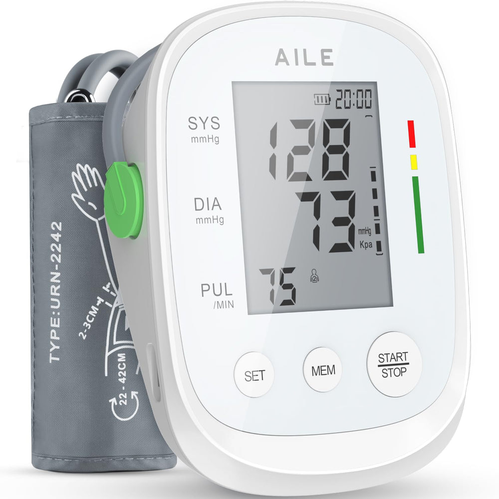 AILE blood pressure monitor with upper-arm cuff 8.7–16.5 inches for home use.