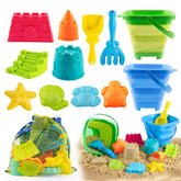 Aimlovs collapsible blue beach bucket showing space-saving design for travel play.
