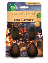 Air Wick Essential Mist twin refill in Bonfire and Crisp Fall Air for a cozy room ambiance.