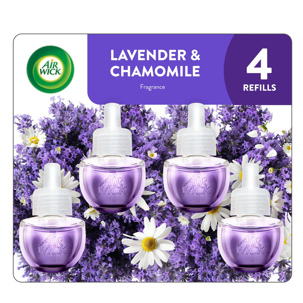 Air Wick Lavender Chamomile oil refill bottle close-up showing calming fragrance