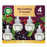 Air Wick plug-in refill bottle emits ripe cranberry currants aroma for fresh living spaces.