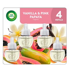 Air Wick 4ct refill bottle close-up highlights long-lasting fragrance at home.