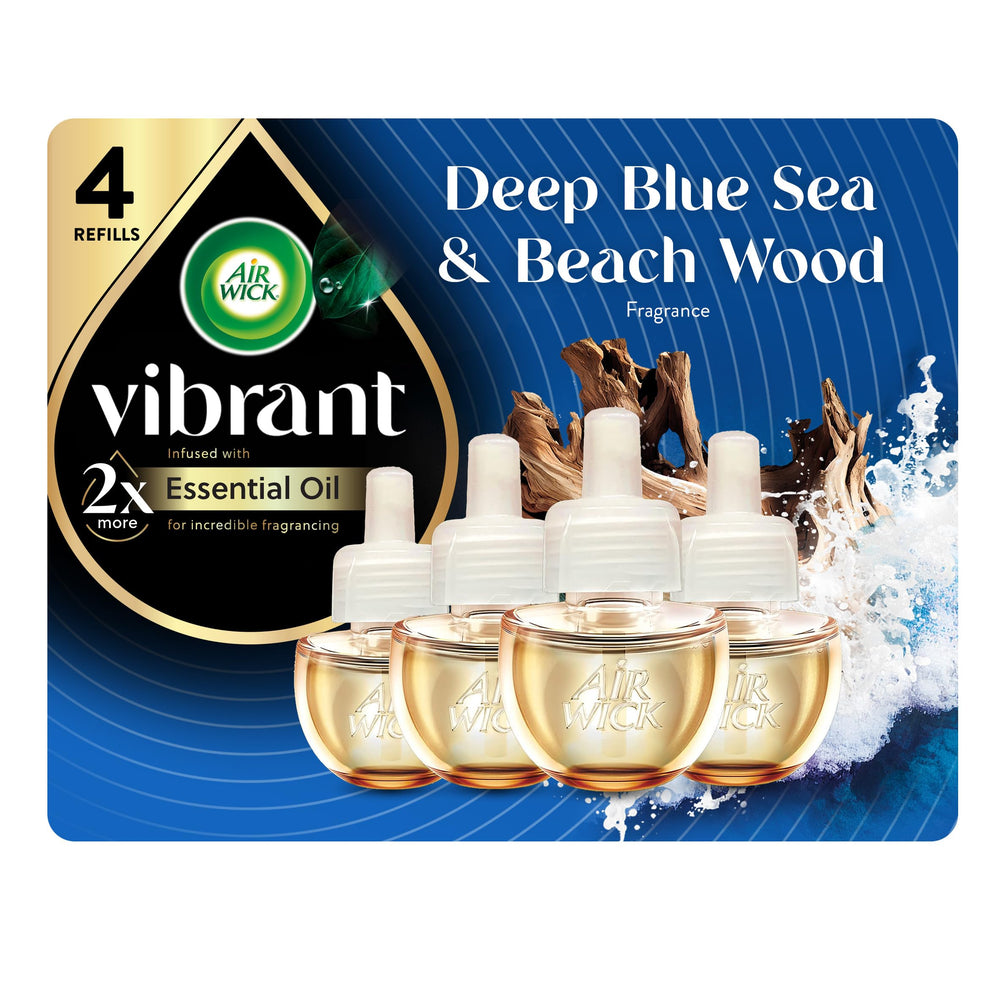Air Wick Vibrant refill bottle with blue sea and beach wood aroma for long-lasting freshness