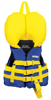 Airhead infant life jacket blue front view highlighting secure fit and high visibility