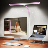 Airlonv LED desk lamp pink on desk provides soft, eye-friendly lighting for reading.