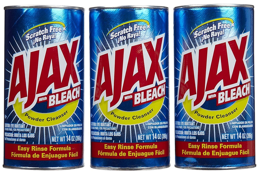 Ajax powder cleanser with bleach in a compact 3-pack, ideal for tackling tough stains.