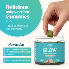 Akasha Sea Moss Glow Gummies ingredient label showcases organic botanicals and vegan formula.