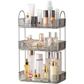 Akinbas grey 3 tier bathroom organizer on a counter showing spacious cosmetic storage