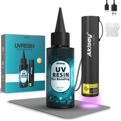 Akisey UV resin kit with light for quick bonding on transparent surfaces.