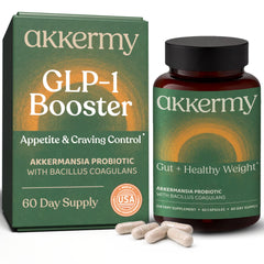 Akkermy bottle front with sleek packaging for daily probiotic support and craving control.