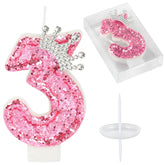 AKURIEEY pink crown birthday candle with number 3 for festive cakes.