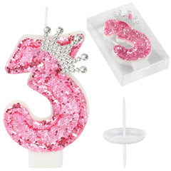 AKURIEEY pink crown birthday candle with number 3 for festive cakes.
