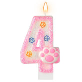 AKURIEEY pink glitter paw 4th birthday candle for dog celebrations on cakes.