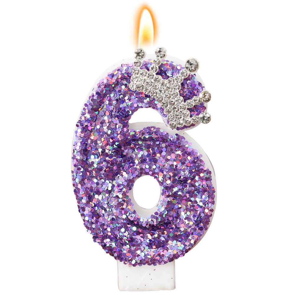 AKURIEEY purple crown birthday candle with sequins for elegant cake decor.