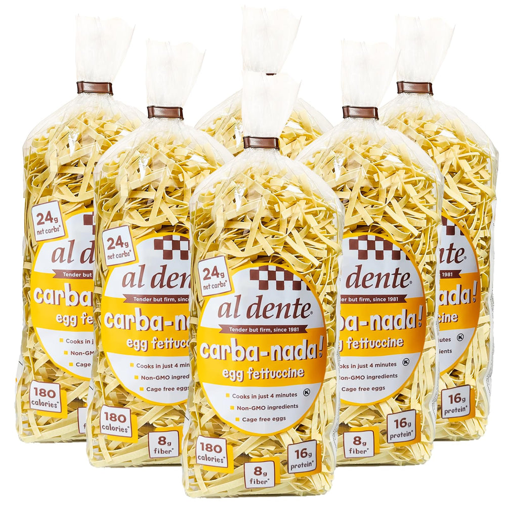 AL DENTE Carba-Nada egg fettuccine pack six for convenient keto-friendly meals.