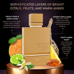 Al Haramain Amber Oud Gold Edition spray, fruity-amber aroma.