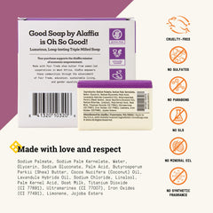 Close-up of lavender bars showing triple-milled texture and rich lather.