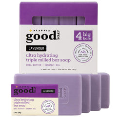 Alaffia Good Soap Lavender pack front with four bars for lasting freshness.