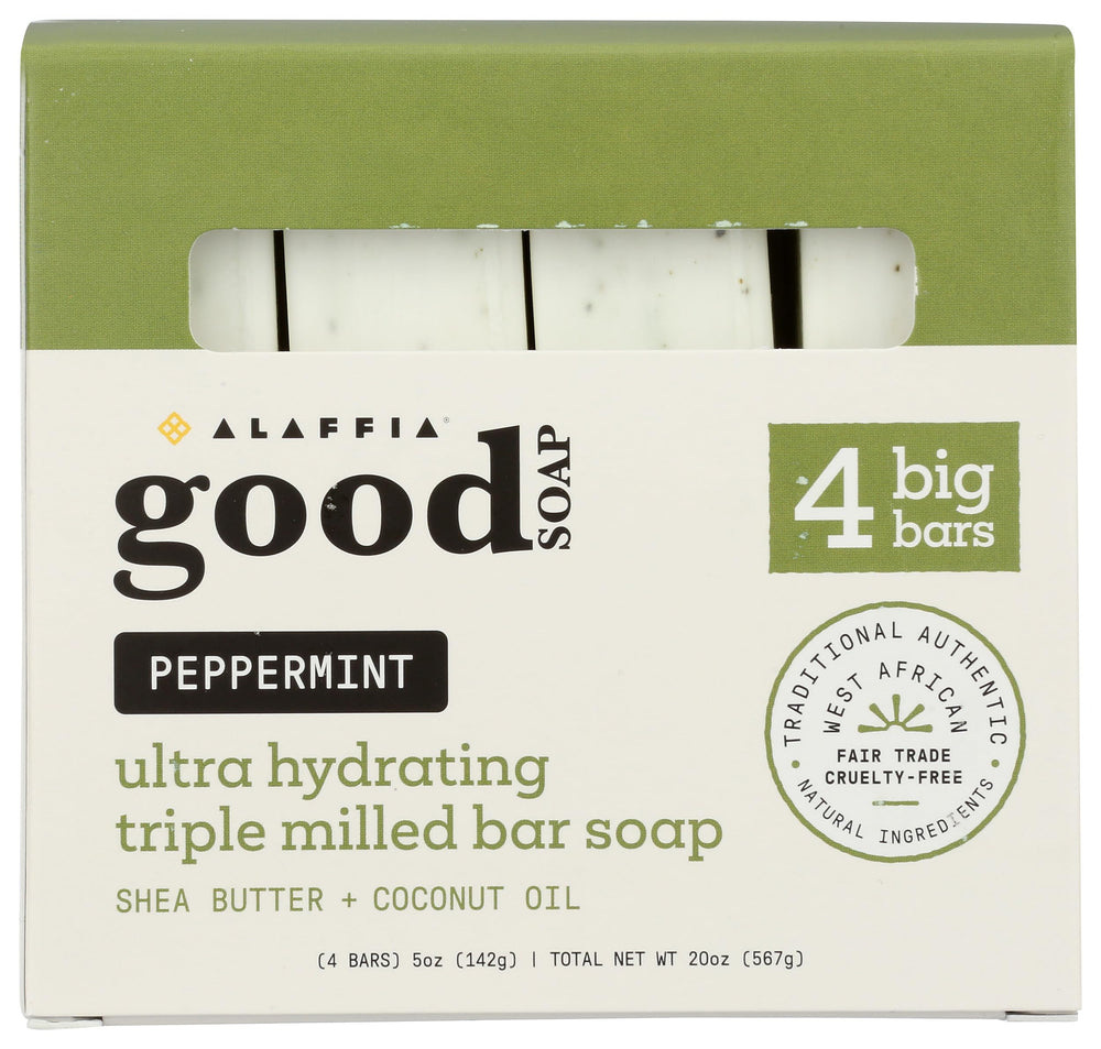 Alaffia Peppermint Good Soap pack label highlights cruelty-free ethics and natural ingredients for mindful skincare.
