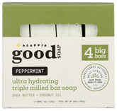 Alaffia Peppermint Good Soap pack label highlights cruelty-free ethics and natural ingredients for mindful skincare.