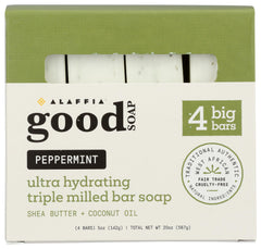 Alaffia Peppermint Good Soap pack label highlights cruelty-free ethics and natural ingredients for mindful skincare.
