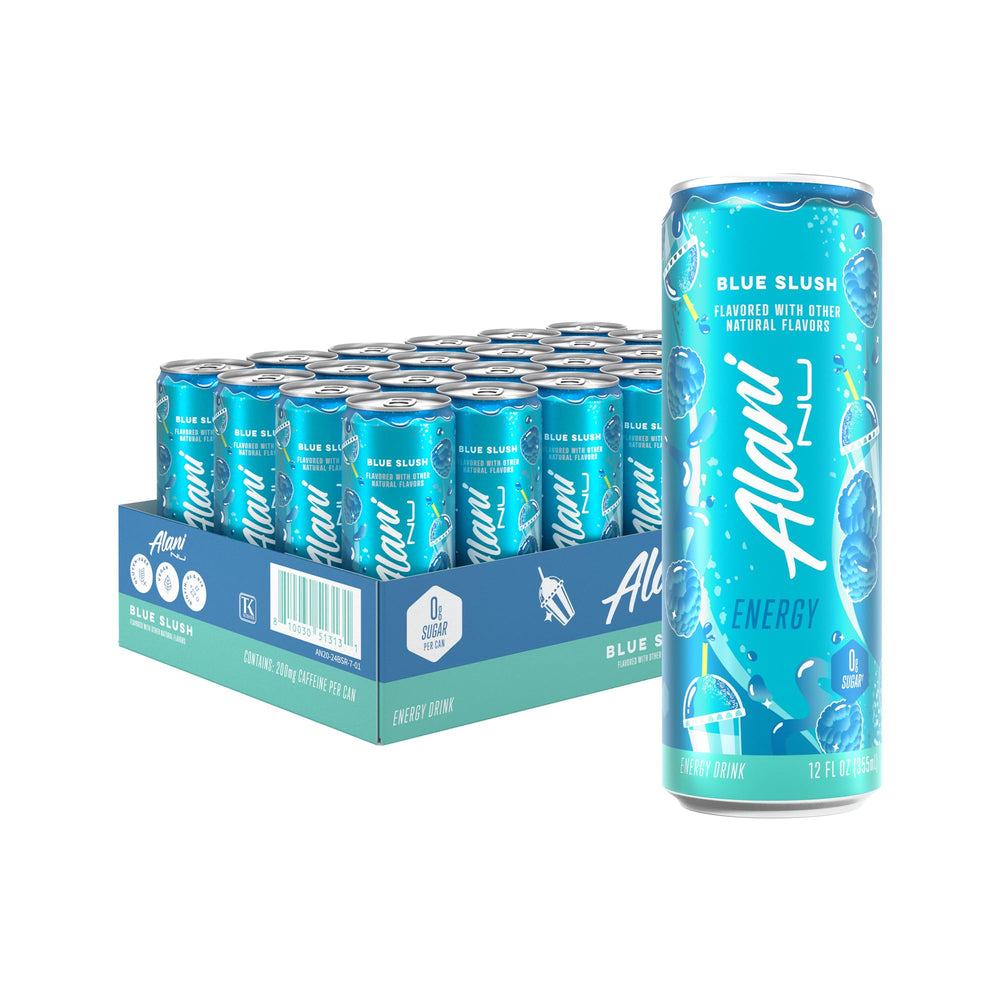 Alani Nu Blue Slush can front displays bold branding for a zero-sugar energy lift