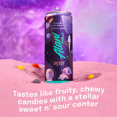 Alani Nu Cosmic Stardust label close-up with caffeine and vitamins details.