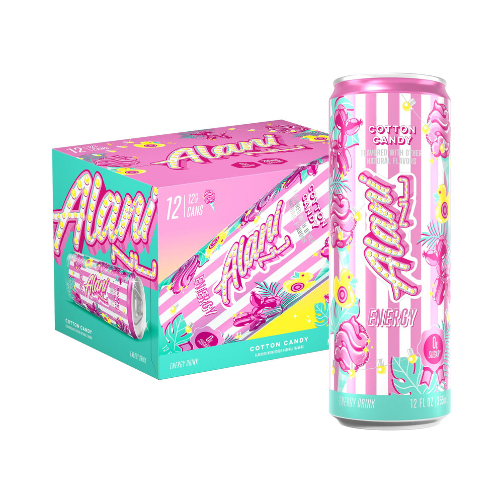Alani Nu Cotton Candy energy can front view, sugar-free pick-me-up.