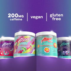 Glass with Alani Nu Juicy Peach pre-workout drink to support focus during workouts.
