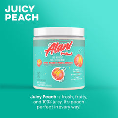 Alani Nu Juicy Peach tub displayed, gluten-free and sugar-free pre-workout formula.