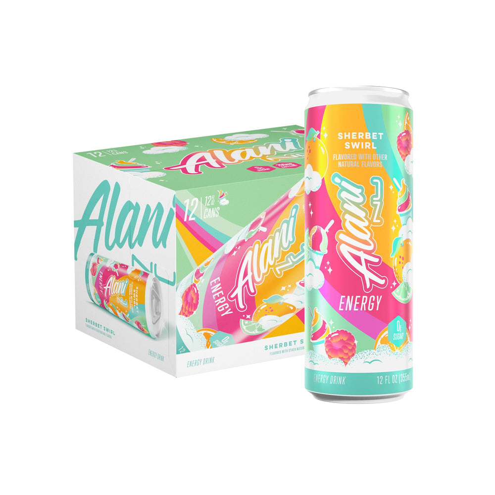 Alani Nu Sherbet Swirls bottle pour shows vibrant, sugar-free energy with bold flavor