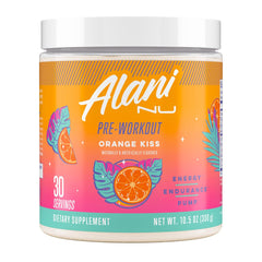 Alani Nu Orange Kiss powder tub for a high-energy pre-workout session.