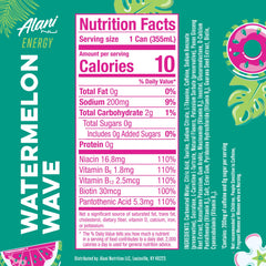 Alani Nu Watermelon Wave can side label highlights caffeine and zero sugar benefits for users.