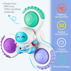 ALASOU spinner on airplane seat keeps little one engaged.