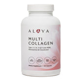 Alaya Naturals hydrolyzed multi collagen bottle showing five collagen types for skin and joints.