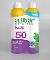 Alba Botanica Kids Sunscreen Spray bottle with tropical scent offering broad-spectrum protection.