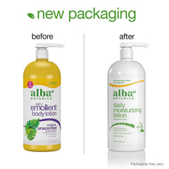 Alba Botanica Lotion Emollient Unscented applying on dry skin for daily comfort.