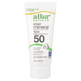 Alba Botanica Sheer Mineral Face Sunscreen Lotion bottle offers SPF 50 protection for daily use.